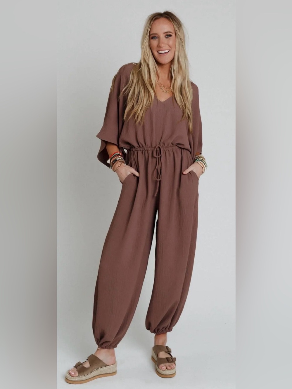 Three Bird Nest Chocolate Brown V-Neck Relaxed Jumpsuit